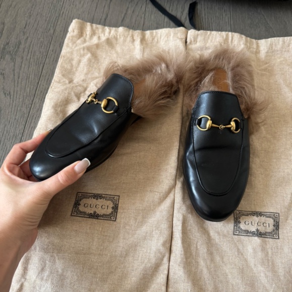 Gucci Black Leather Fur Princeton Slip-On Loafers Size 36.5 - Picture 2 of 3